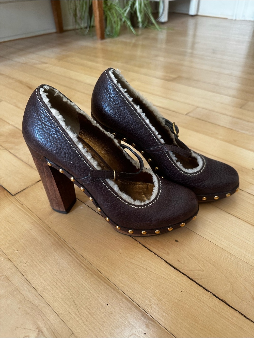 Dolce & Gabbana Brown Leather Shearling Studded Mary Jane Heels